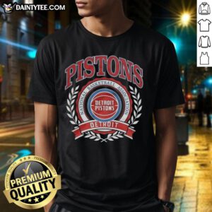 Alt Text: Retro Detroit Pistons NBA logo with laurel wreath design on a stylish t-shirt, perfect for basketball fans.