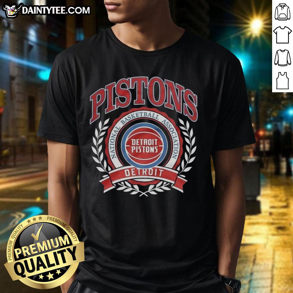 Alt Text: Retro Detroit Pistons NBA logo with laurel wreath design on a stylish t-shirt, perfect for basketball fans.