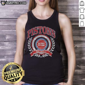 Alt Text: Retro tank top featuring the Nice Detroit Pistons NBA logo surrounded by a laurel wreath frame design.