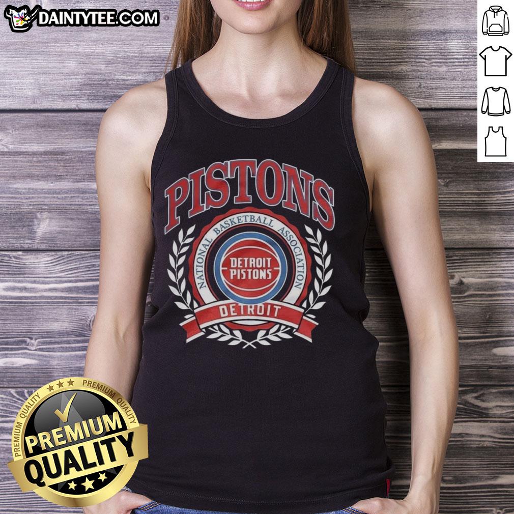 Alt Text: Retro tank top featuring the Nice Detroit Pistons NBA logo surrounded by a laurel wreath frame design.