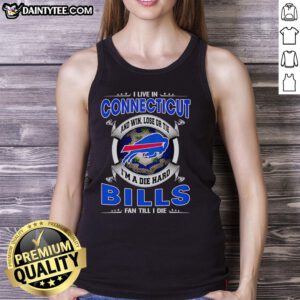 Buffalo Bills fan wearing a tank top, showcasing pride and loyalty in Connecticut, with 'Win, Lose, or Tie' slogan.