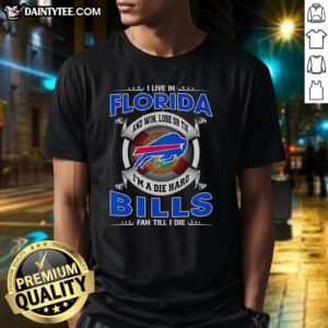 Buffalo Bills fan proudly wears a 'Win Lose Or Tie Im A Dead Hard Buffalo Bills Fan Till I Die' T-shirt in Florida.