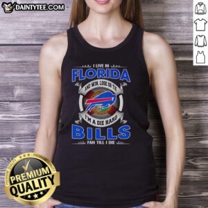 Florida fan wearing a Buffalo Bills tank top, showcasing team spirit with 'Win, Lose, or Tie' slogan design.
