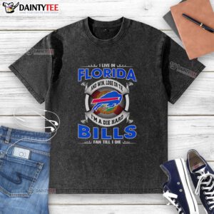 Alt Text: Florida fan wearing a 'Dead Hard Buffalo Bills Fan' t-shirt, showcasing team spirit for win, lose, or tie.