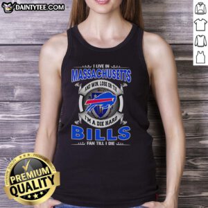 Alt Text: Buffalo Bills fan wearing a tank top that reads 'Win, Lose, or Tie, I'm a Dead Hard Buffalo Bills Fan Till I Die' in Massachusetts.