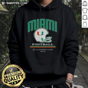Alt Text: Nice Miami Hurricanes helmet featured on a hoodie for the CFP College Football Playoff 2025-26 season.