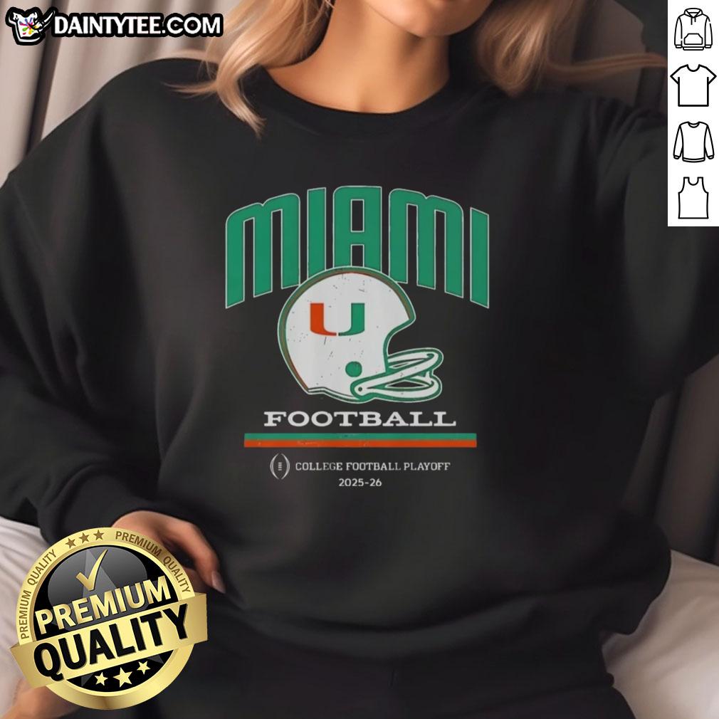 Nice Miami Hurricanes helmet featured on a College Football Playoff 2025-26 sweatshirt, perfect for fans and collectors.