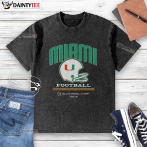 Alt Text: Nice Miami Hurricanes helmet featured on a washed t-shirt for the CFP College Football Playoff 2025-26.