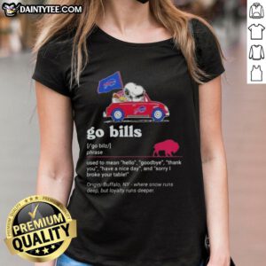 Alt Text: Snoopy driving a car, wearing a Buffalo Bills shirt, with 'Hello, Goodbye, Thank You, Have A Nice Day' text on a ladies tee.