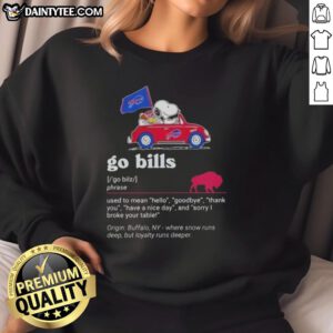 Snoopy driving a car in Buffalo Bills sweatshirt, spreading cheer with 'Hello, Goodbye, Thank You, Have A Nice Day' message.