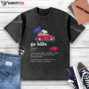 Snoopy driving a car in a Buffalo Bills themed washed t-shirt, expressing hello, goodbye, and thank you.