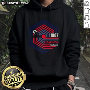Stylish hoodie featuring the Demogorgon logo from Stranger Things set in Hawkins, Indiana, 1987.