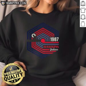 Alt Text: Hawkins, Indiana 1987 Demogorgon logo sweatshirt inspired by Stranger Things series.