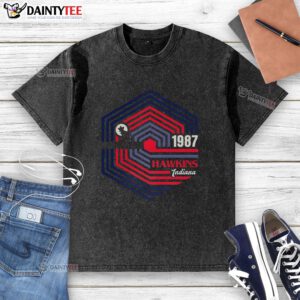 Alt Text: Vintage 'Stranger Things' Demogorgon logo t-shirt from Hawkins, Indiana, 1987, featuring a washed design.