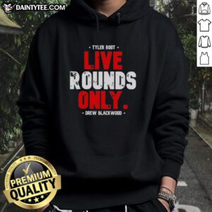 Nice Tyler Root wearing a Live Rounds Only Drew Blackwood hoodie, showcasing a stylish streetwear look.