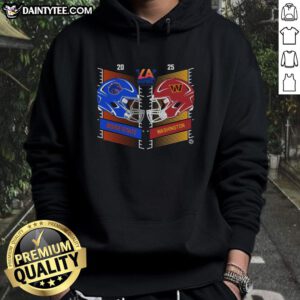 Alt Text: Boise State Broncos vs Washington Huskies 2025 Bucked Up LA Bowl helmet hoodie design showcasing team logos.