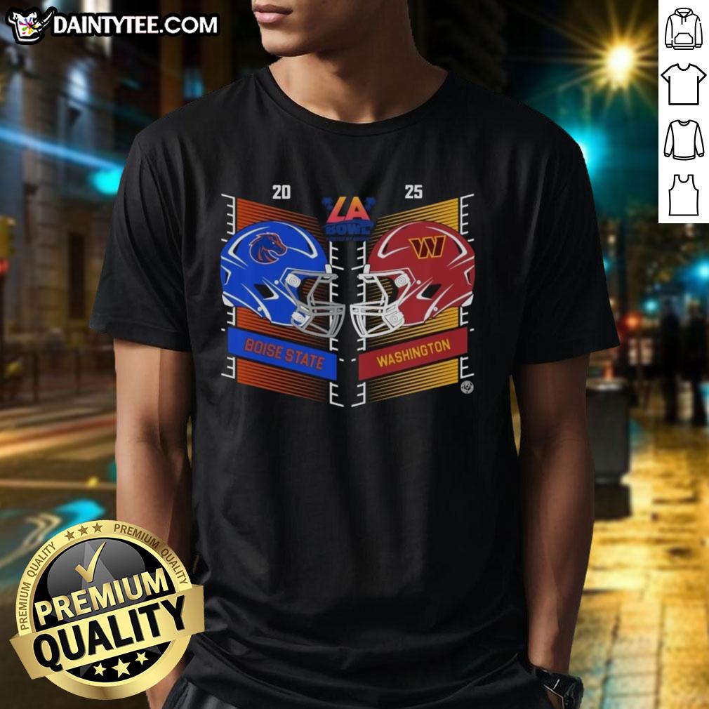 Alt Text: Official Boise State Broncos vs Washington Huskies 2025 Bucked Up La Bowl head-to-head helmet T-shirt design.