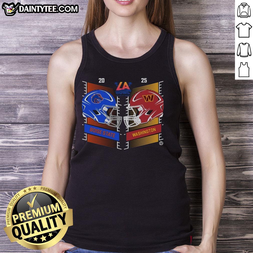 Boise State Broncos vs Washington Huskies 2025 Bucked Up LA Bowl helmet tank top design featuring team logos.