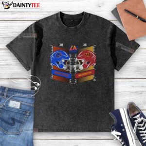 Official Boise State Broncos vs Washington Huskies 2025 Bucked Up LA Bowl head-to-head helmet design on washed T-shirt.