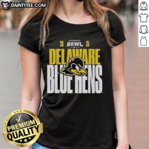 Official Delaware Blue Hens 2025 Ventures Bowl ladies tee featuring team logo and vibrant colors for female fans.