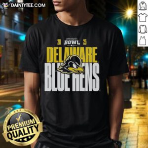 Official Delaware Blue Hens 2025 68 Ventures Bowl T-Shirt featuring vibrant team colors and logo on a stylish design.