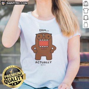 Official Domo Kun Erm Actually Monster cartoon ladies tee featuring a playful design and vibrant colors.