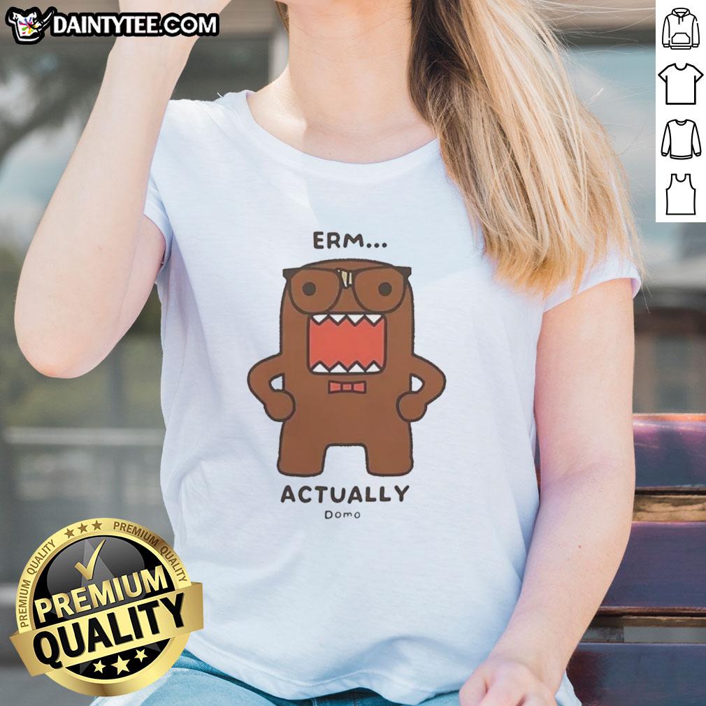 Official Domo Kun Erm Actually Monster cartoon ladies tee featuring a playful design and vibrant colors.
