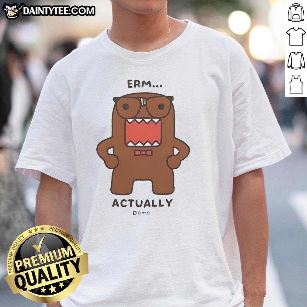 Alt Text: Official Domo-Kun Erm Actually Monster Cartoon T-Shirt featuring a colorful Domo-Kun design on a stylish black tee.