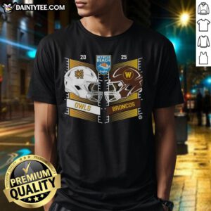 Official Kennesaw State Owls vs Western Michigan Broncos 2025 Myrtle Beach Bowl helmet t-shirt design featuring team logos.