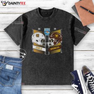 Alt Text: Kennesaw State Owls vs Western Michigan Broncos 2025 Myrtle Beach Bowl head-to-head helmet graphic on washed t-shirt.