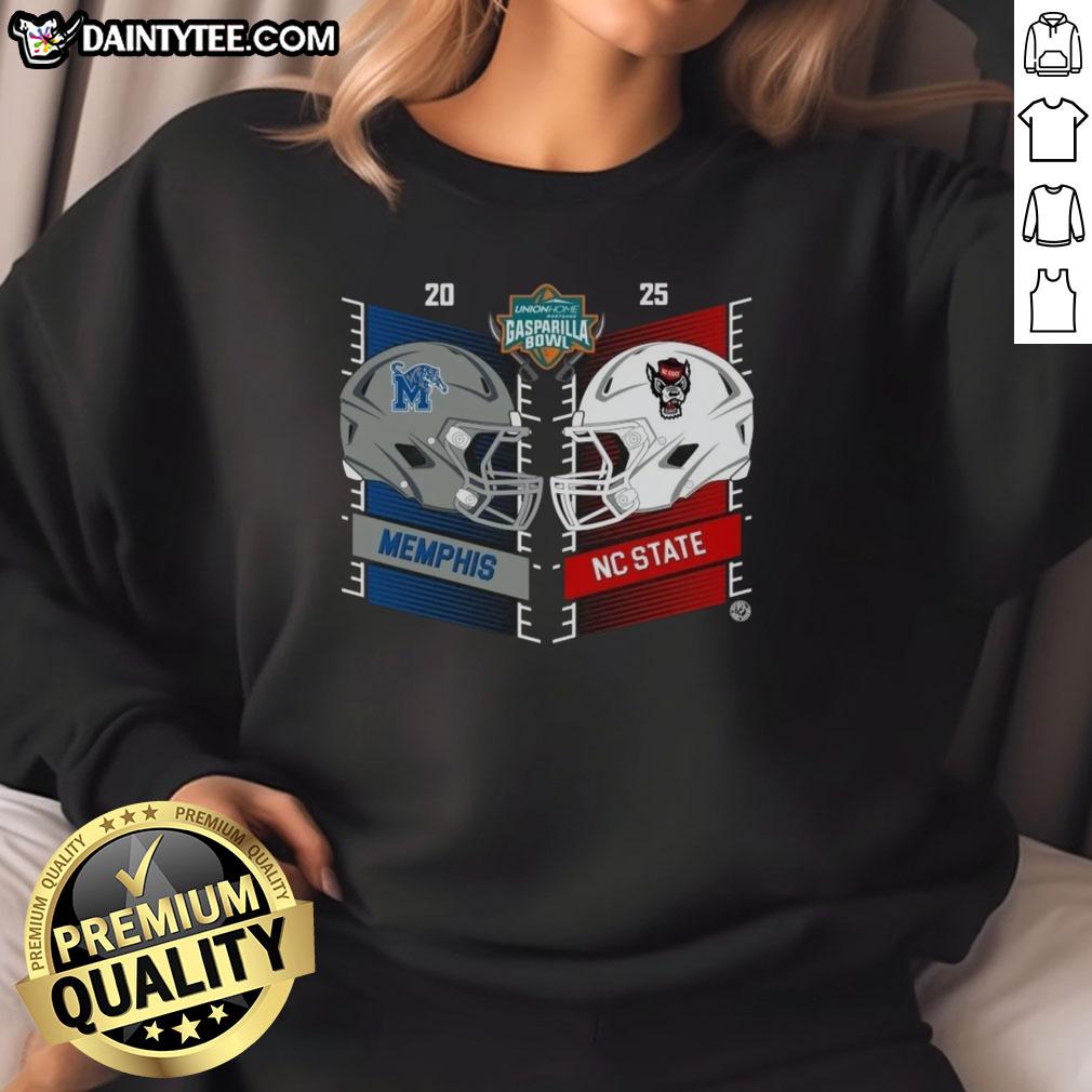 Alt Text: Official Memphis Tigers vs North Carolina State Wolfpack 2025 Gasparilla Bowl sweatshirt featuring dueling helmets.