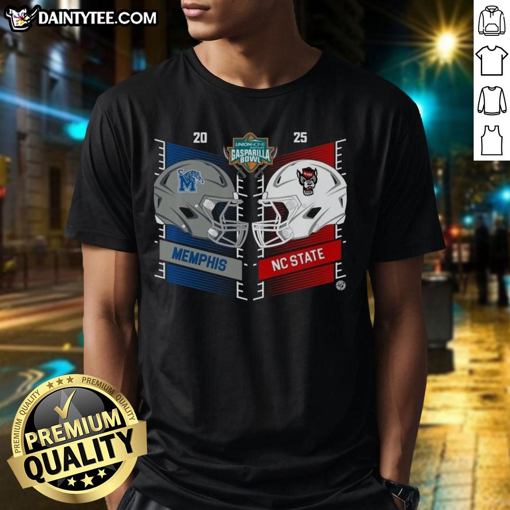 Official Memphis Tigers vs North Carolina State Wolfpack 2025 Gasparilla Bowl Dueling Helmet T-Shirt design showcasing team logos.