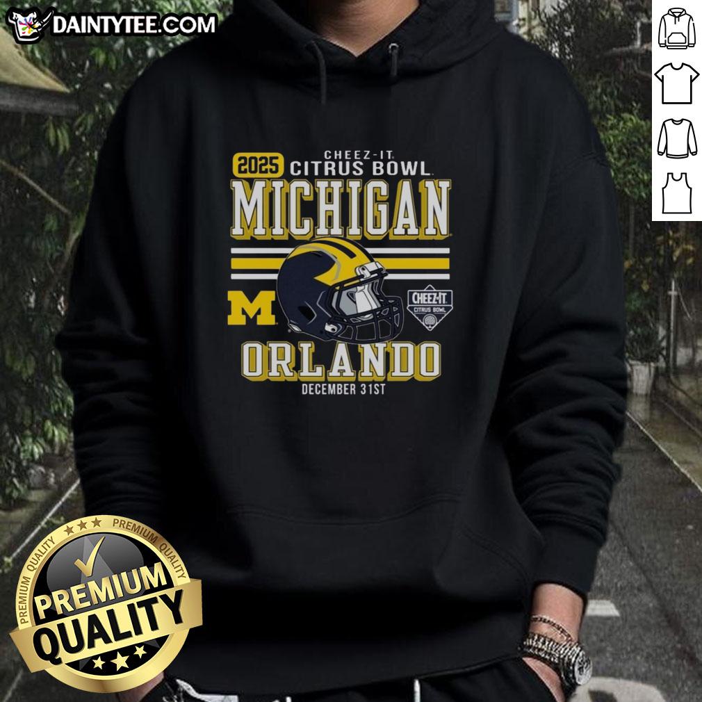 Official Michigan Wolverines Football 2025 Cheez-It Citrus Bowl helmet hoodie featuring team colors and logo.