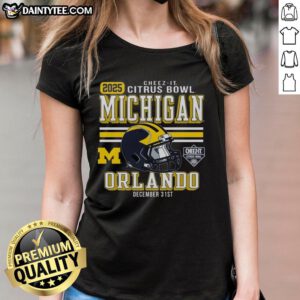 Alt Text: Official Michigan Wolverines Football 2025 Cheez-It Citrus Bowl helmet design on a stylish ladies' tee shirt.