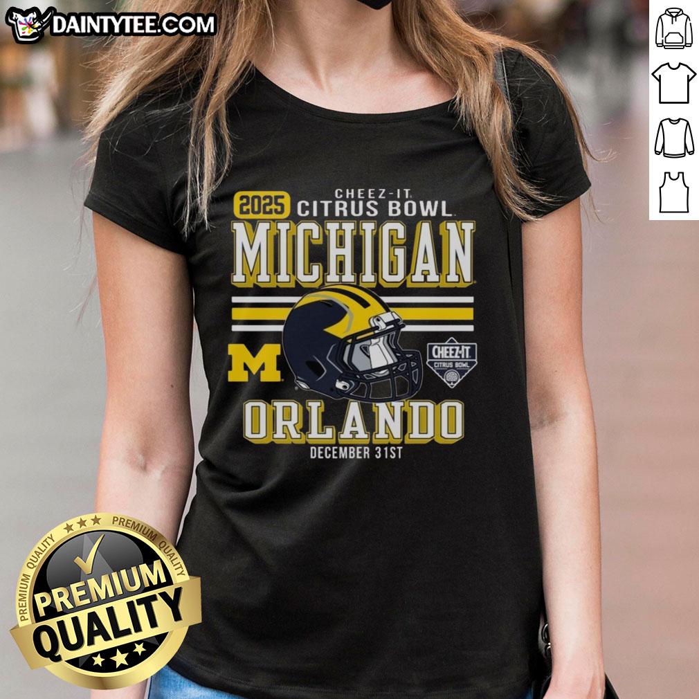 Alt Text: Official Michigan Wolverines Football 2025 Cheez-It Citrus Bowl helmet design on a stylish ladies' tee shirt.