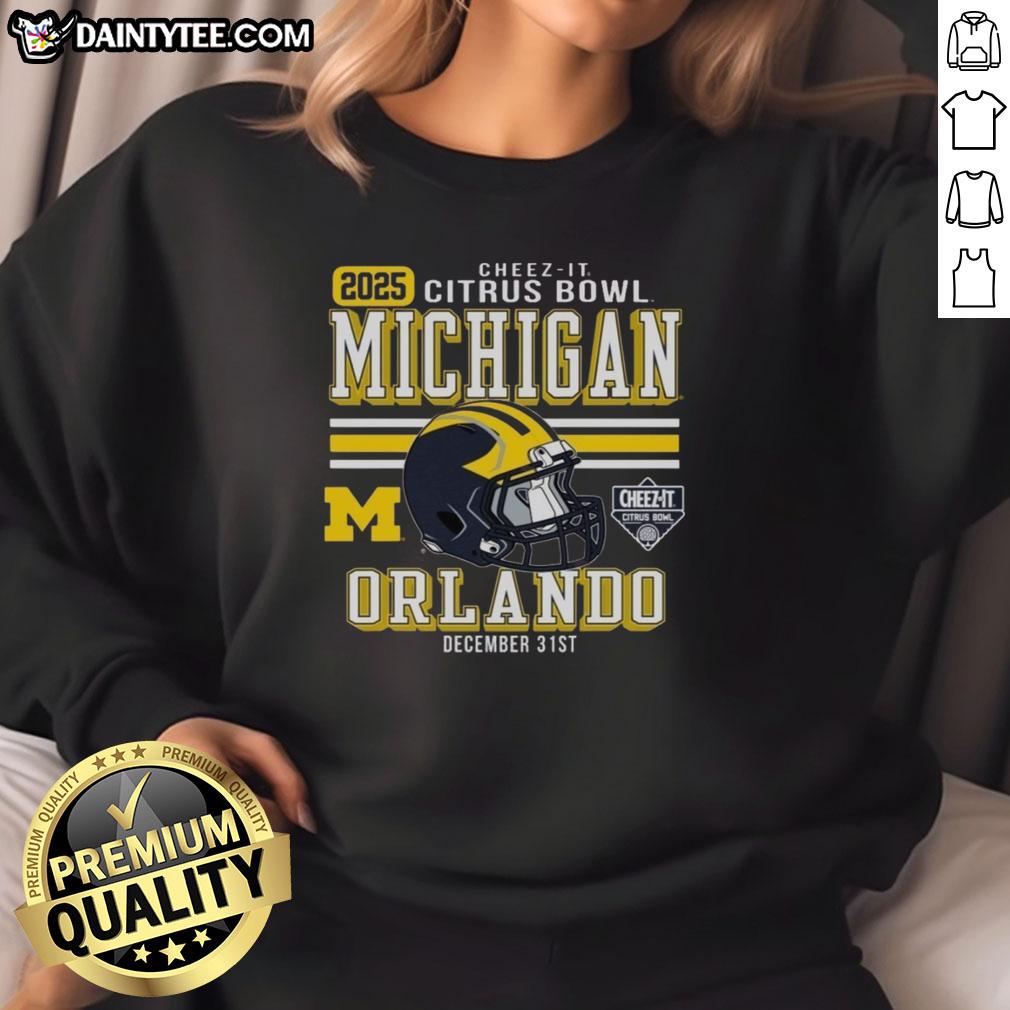 Official Michigan Wolverines Football 2025 Cheez-It Citrus Bowl helmet sweatshirt showcasing team pride and spirit.