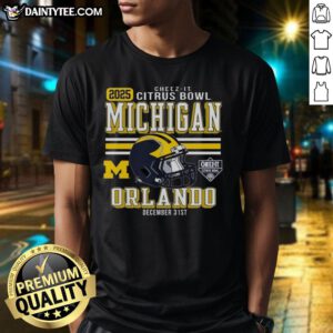 Alt Text: Official Michigan Wolverines Football 2025 Cheez-It Citrus Bowl Helmet T-Shirt featuring team logo and vibrant colors.