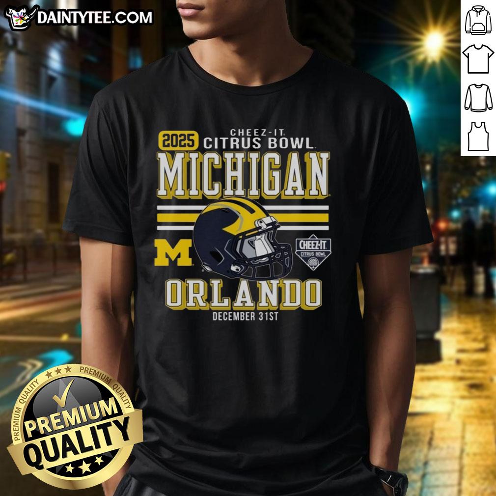 Alt Text: Official Michigan Wolverines Football 2025 Cheez-It Citrus Bowl Helmet T-Shirt featuring team logo and vibrant colors.
