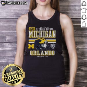 Official Michigan Wolverines Football 2025 Cheez-It Citrus Bowl helmet tank top featuring team colors and logo.