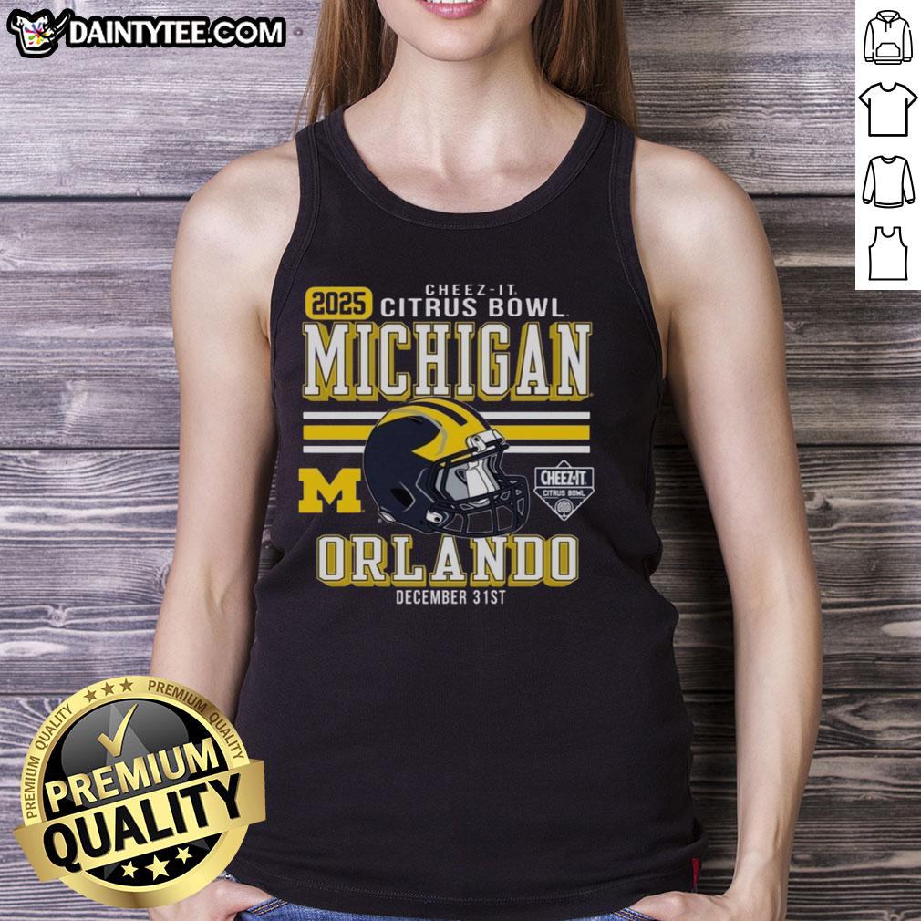 Official Michigan Wolverines Football 2025 Cheez-It Citrus Bowl helmet tank top featuring team colors and logo.