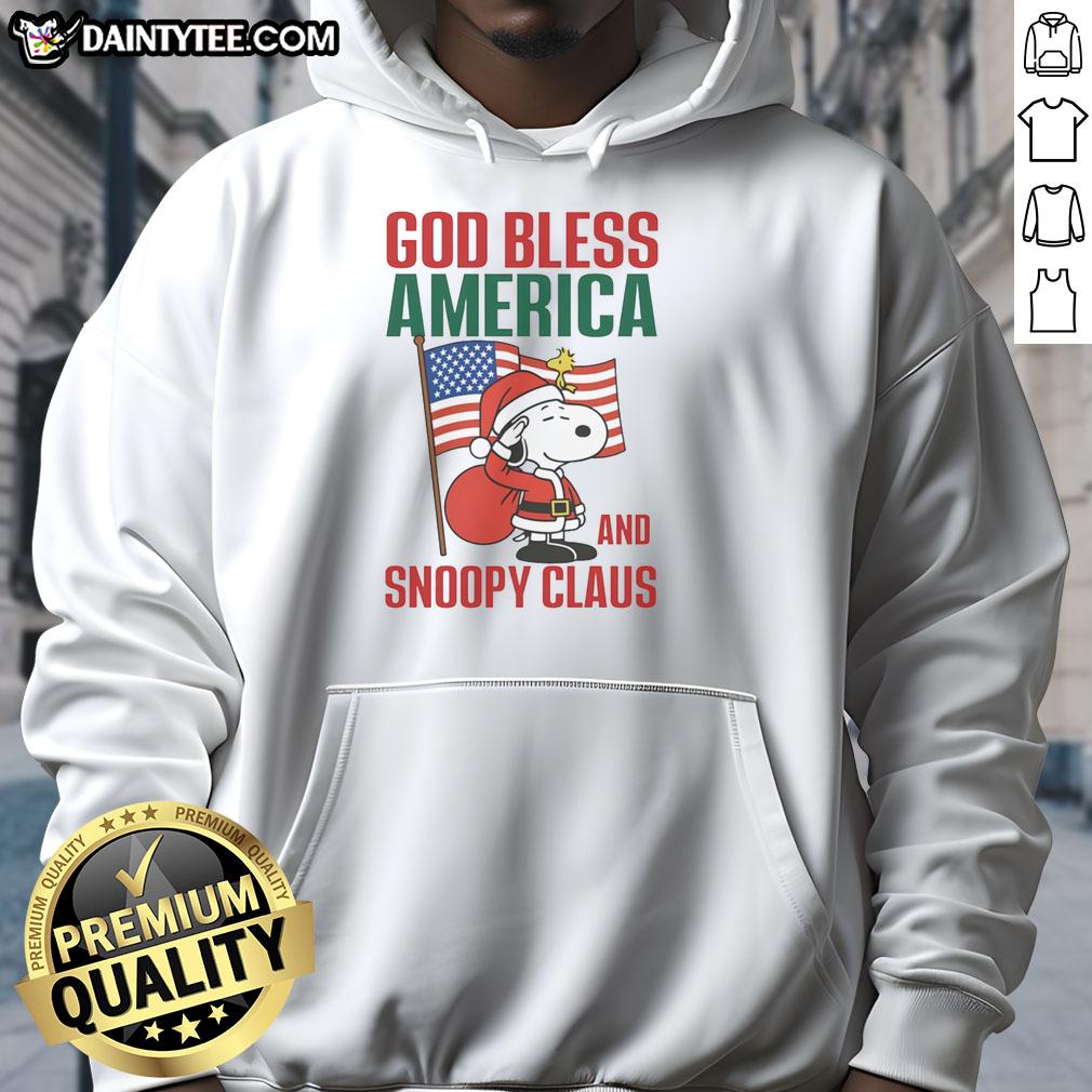 Official Peanuts God Bless America and Snoopy Claus Hoodie featuring festive designs for holiday cheer.