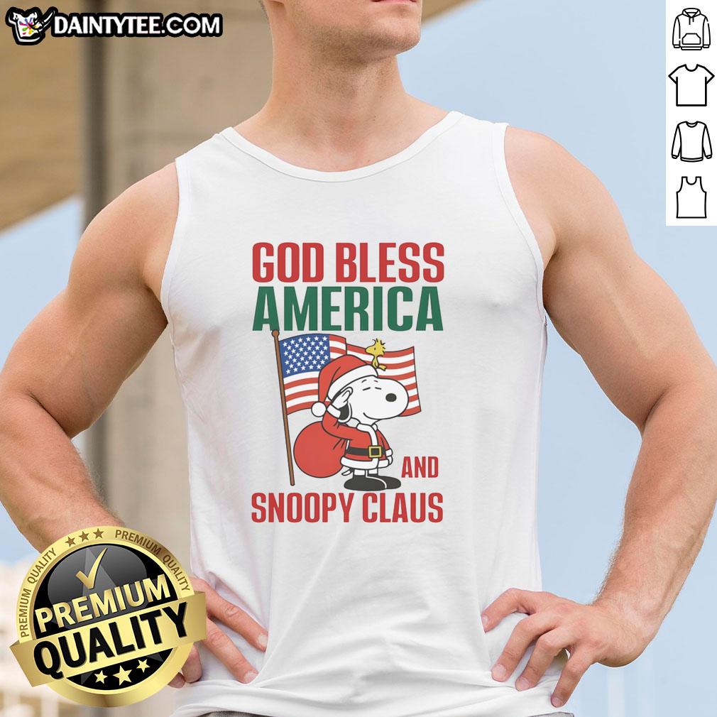 Official Peanuts God Bless America and Snoopy Claus tank top featuring Snoopy in festive attire, perfect for patriotic celebrations.