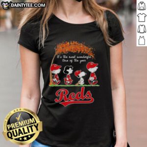 Premium Cincinnati Reds X Peanuts Snoopy and Friends autumn ladies tee celebrating the most wonderful time of the year.