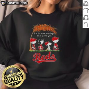 Alt Text: Premium Cincinnati Reds X Peanuts Snoopy and Friends sweatshirt celebrating autumn and the joy of the season.
