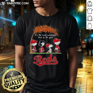 Alt Text: Premium Cincinnati Reds X Peanuts Snoopy and Friends autumn t-shirt celebrating It's The Most Wonderful Time Of The Year.