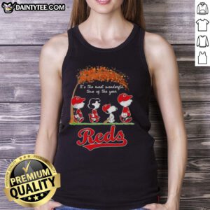 Premium Cincinnati Reds X Peanuts Snoopy and Friends tank top featuring autumn design for the most wonderful time of the year.