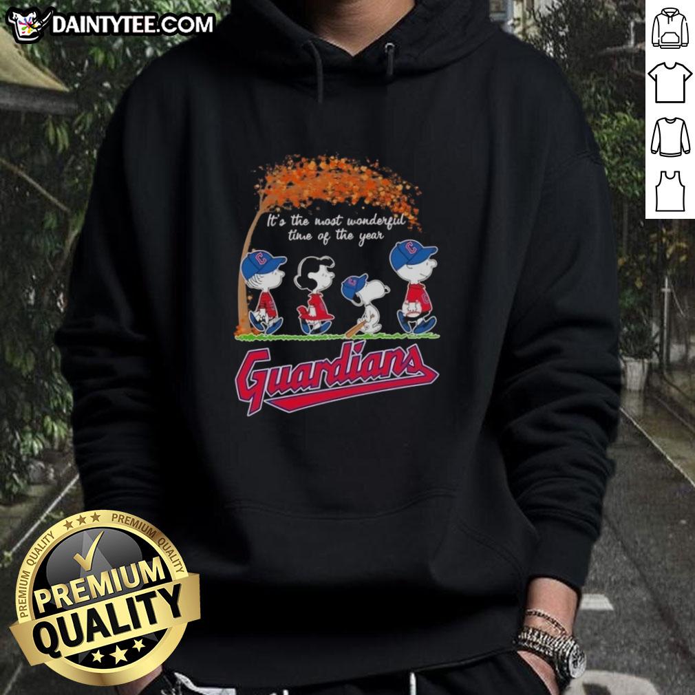 Alt Text: Premium Cleveland Guardians X Peanuts Snoopy and Friends autumn hoodie featuring festive design for the holiday season.