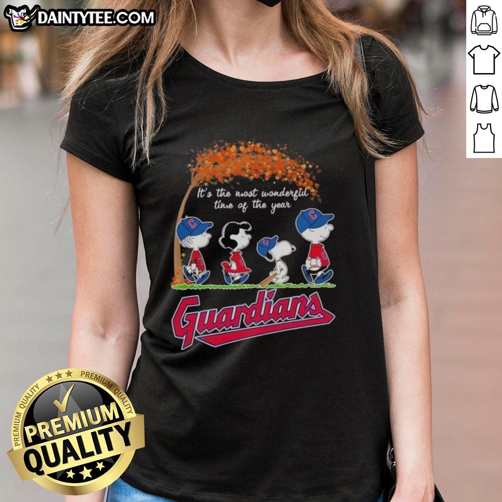 Premium Cleveland Guardians X Peanuts Snoopy and Friends autumn ladies tee featuring festive designs for the season.