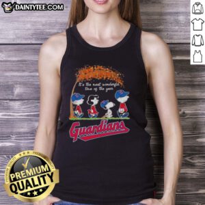 Alt Text: Premium Cleveland Guardians X Peanuts Snoopy and Friends autumn tank top celebrating It's the Most Wonderful Time of the Year.