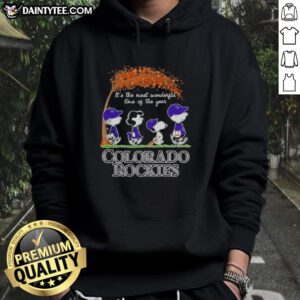Alt Text: Premium Colorado Rockies X Peanuts Snoopy and Friends hoodie featuring autumn design, perfect for the season.